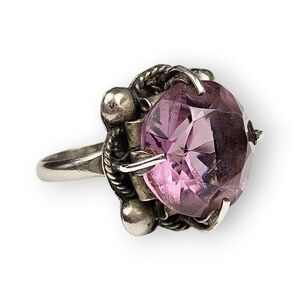 Taxco Purple Glass Sterling Cocktail Ring Mexico 925 Silver 1930s/ 40s Vtg 6.75